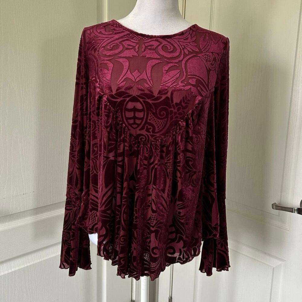 Ultra Pink Boho Velvet Tunic Top – Bell Sleeves in Deep Burgundy size M - Picture 8 of 9